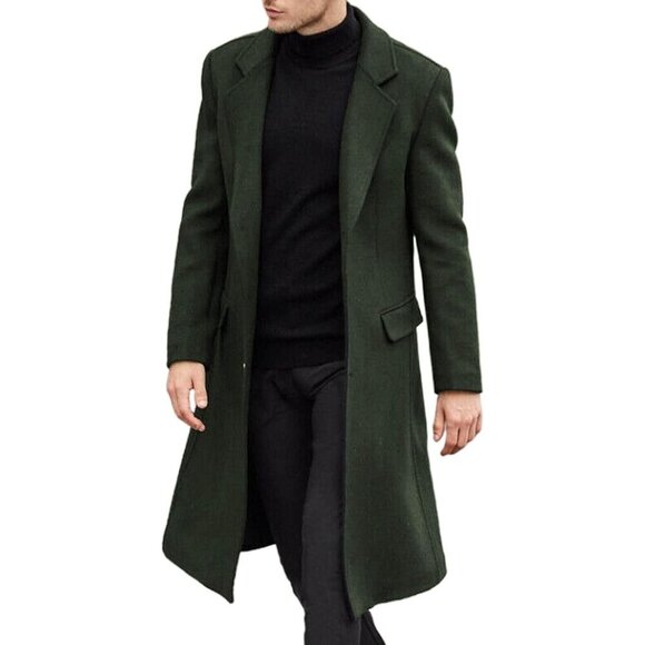 Men's Dark Green Casual Trench Coat Slim Notched Breasted Long Jacket Overcoat